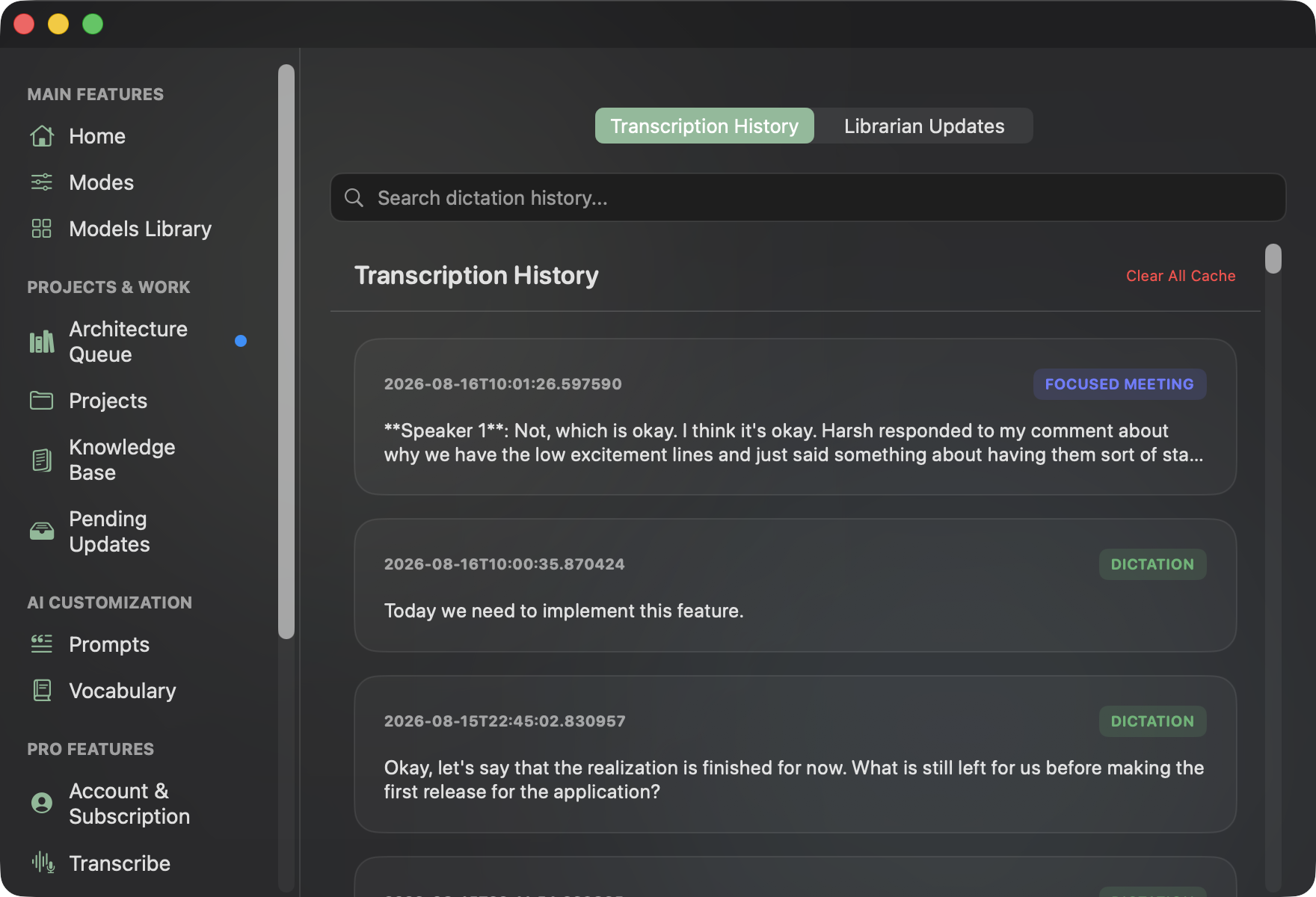 Searchable Transcription History & Audio Replay