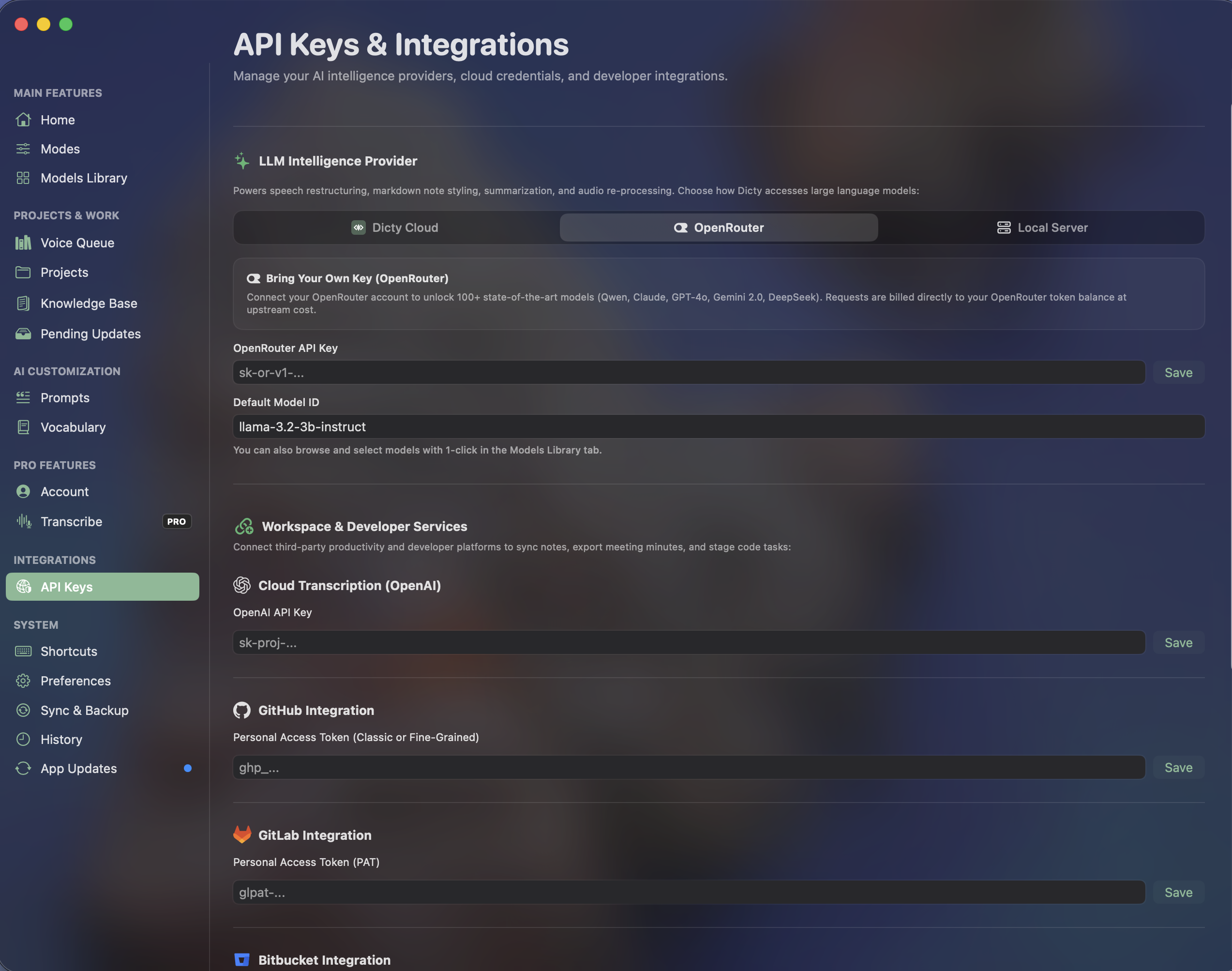 Dicty API keys and integrations screen